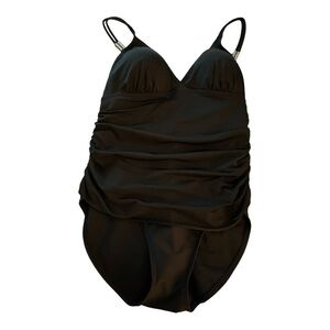 FantaSizer swimsuit, size 10, black with midriff ruching and skirt. One piece.
